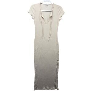 Reformation Ribbed Knit Midi Bodycon Dress Womens S Tie V-Neck Made USA Beige